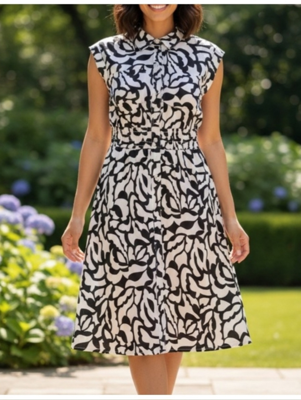 NWT Monteau Black and‎ White Patterned Midi Cap Sleeve Shirtdress Size XS